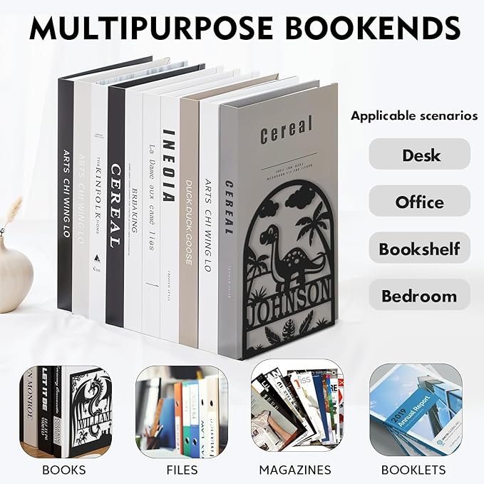 Personalized Name Book Ends Metal, Heavy Duty Bookends for Shelves Decorative, Dinosaur Non-Slip Book Stopper, Home Office Desk Modern Bookshelf Decor, Customized Gifts Color06