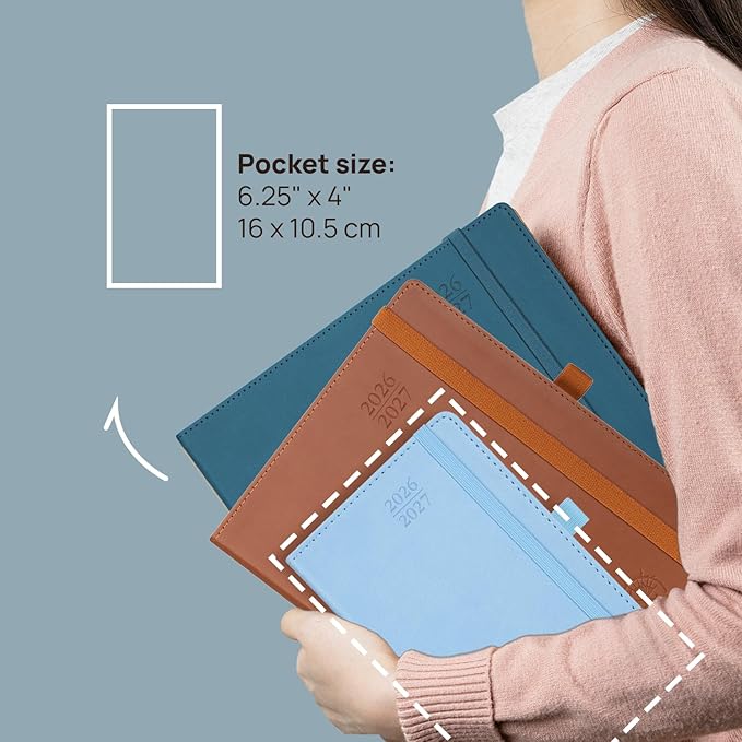 POPRUN Pocket Monthly Planner 2026-2027 (Pocket- 4''x 6.25'' Soft Leather Cover) - 18 Month Calendar Book for Purse (Jan.2026 - Jun. 2027), 100 GSM Thick Paper - Pink