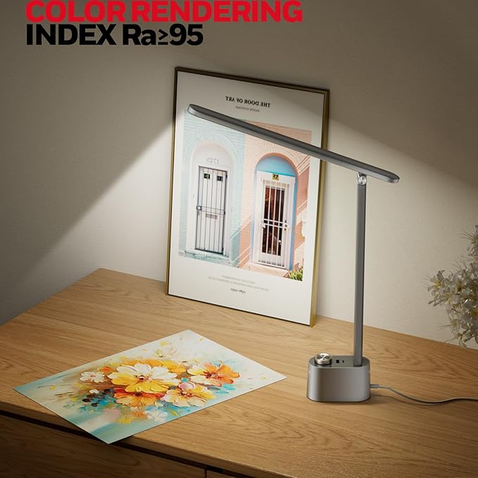 Honeywell Upgraded LED Desk Lamp - H01 Pro Sunturalux™ Foldable Desk Light with USB A+C Charging Port, 3 Color Modes Dimmable Table Lamp for Home Office Reading(Grey)