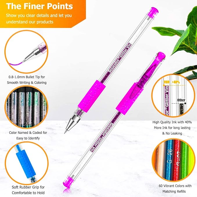 Soucolor Glitter Gel Pens for Adult Coloring Books, Christmas|Birthday Gifts, School Art Supplies,120 Pack-60 Glitter Pens, 60 Refills and Travel Case, 40% More Ink Markers Set for Drawing Journaling