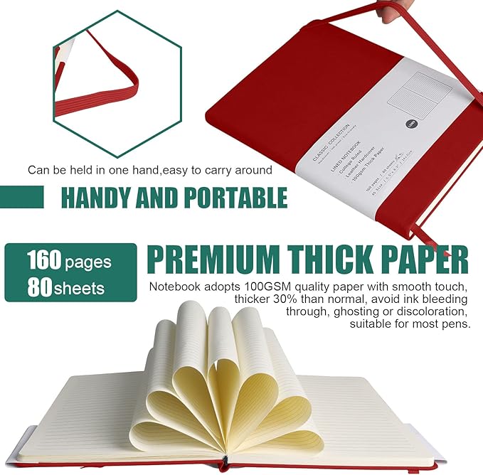 EMOMAS Lined Journal Notebook, 10Pack Hardcover Notebook for Men & Women – Journals for Writing, Work, School, Home & Daily Notes, 160 Pages – Medium A5, 5.7"x8", 100 gsm Thick Paper (Red)
