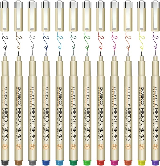 CHARSOCO 01 Micro Pen, Fine Point Pen with 12 Colors, Waterproof Archival Ink, 0.25mm Fineliner Ink Pens for Artist Illustration, Sketching, Anime, Manga, Technical Drawing and Scrapbooking