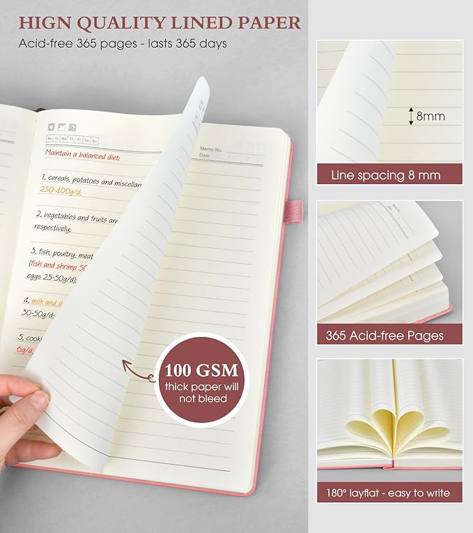PERCUN B5 Lined Journal Notebook - 365 Page Large Leather Journals for Writing Women Men，Hardcover Notebook with 100Gsm Thick Pages，Daily Diary for Travel, Work，School，College Ruled (7.6" x 10.3")