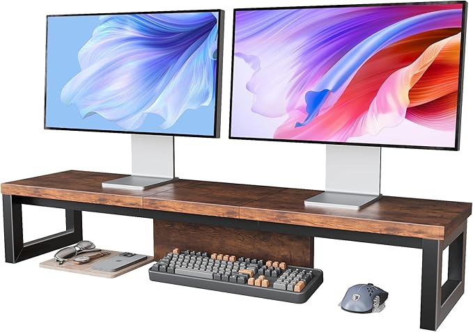 HEWORLIF Dual Monitor Stand Riser, Wood and Steel Monitor Riser, Long Computer Monitor Stands for 2 Monitors, Desk Shelf for Computer, Laptop, Printer, TV, Brown