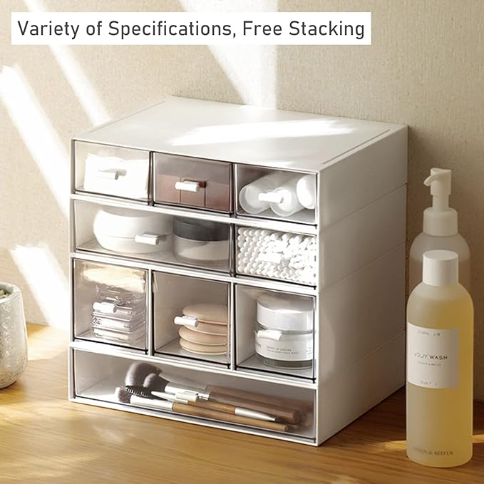 Desk Drawer Organizer, Stackable Storage Drawers, Plastic Compact Desk Storage Box Great for Office School Home Small Space - Large 3 Drawers (White)