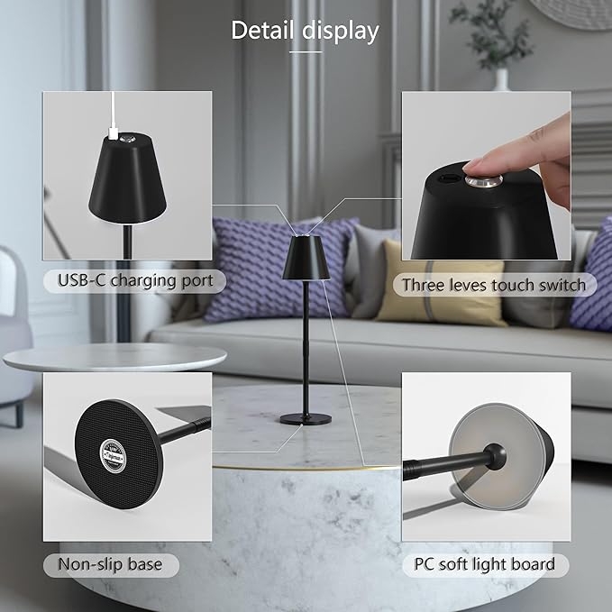 Timjorman 4-Pack Cordless Table Lamps - 4000mAh Rechargeable Battery Operated Desk Lamp, 3-Level Dimmable LED Night Light for Bedroom, Dining, Restaurant - Metal Design(Black 4pack)
