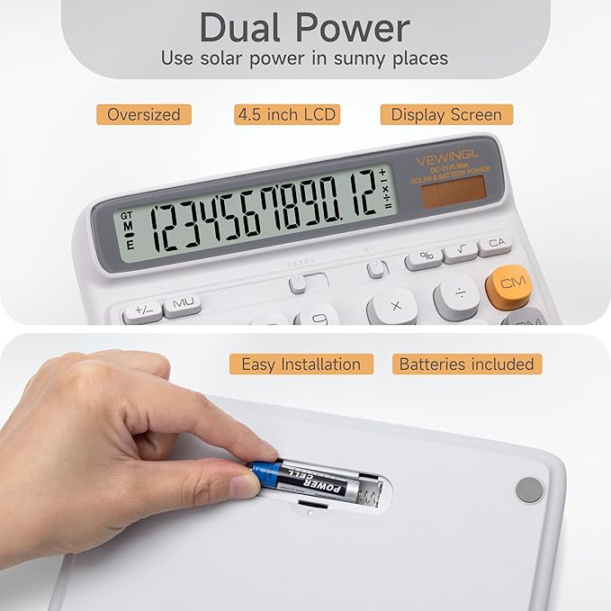 VEWINGL Desktop Calculator, 12-Digit Large LCD Display, Big Computer-Style Keys, Dual Power (Solar & Battery), Auto Sleep Mode, for Office, School, Home & Business 7.5″ x 6.1″ (Gray, L)