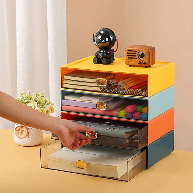 OSteed Spacious Desktop Storage Box, 1 Large Storage Drawer, Stackable Office Desk Drawer Organizer and Accessories, Printer Paper Organizer, Yellow Plastic Drawers for Workspace & Home