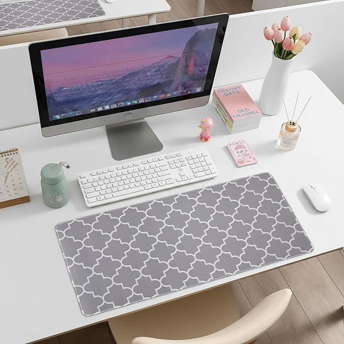MASHDE Large Mouse Pad, 31.5 x 15.7in Desk Mat for Keyboard with Anti-Slip Rubber Base Smooth Surface, Moroccan Check Gaming Mousepad XL Mouse Pad for Desktop Office Home (Grey)