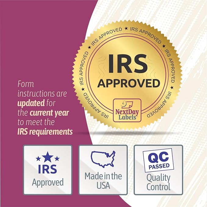 NextDayLabels - W-2 4-Up Employee Tax Forms, Instructions on Back" for 2025, for Laser/Inkjet Printer. Compatible with QuickBooks and Accounting Software ETC. (Pack of 50 Sheets & Self Seal Envelopes)