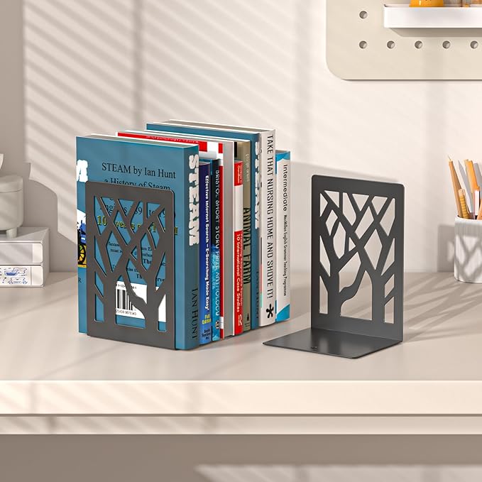 VFINE 6-Piece Modern Metal Bookends for Shelves, Black Tree Book Ends for Books, Decorative Book Organizer for Desk, Non-Skid Shelve Bookends for Home Office