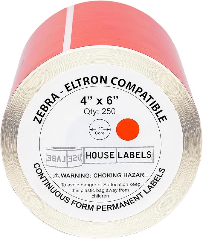 HOUSELABELS 4" x 6" Red Shipping Labels on 1" Core Compatible with Zebra and Rollo Printers, 14 Rolls / 250 Labels per Roll