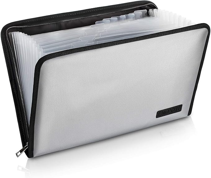 ENGPOW Expanding File Folder Important Document Organizer Fireproof and Waterproof Document Bag with A4 Size 13 Pockets Zipper Closure Non-Itchy Silicone Coated Portable Filing Wallet Pouch(Silver)