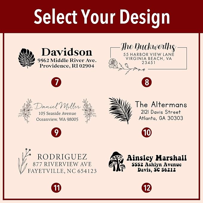 Custom Floral Address Stamp | Choose from 12 Designs | Multiple Ink Color Options | Envelope Return Address Stamp for Couple or Family (Design 6, Extra Large)