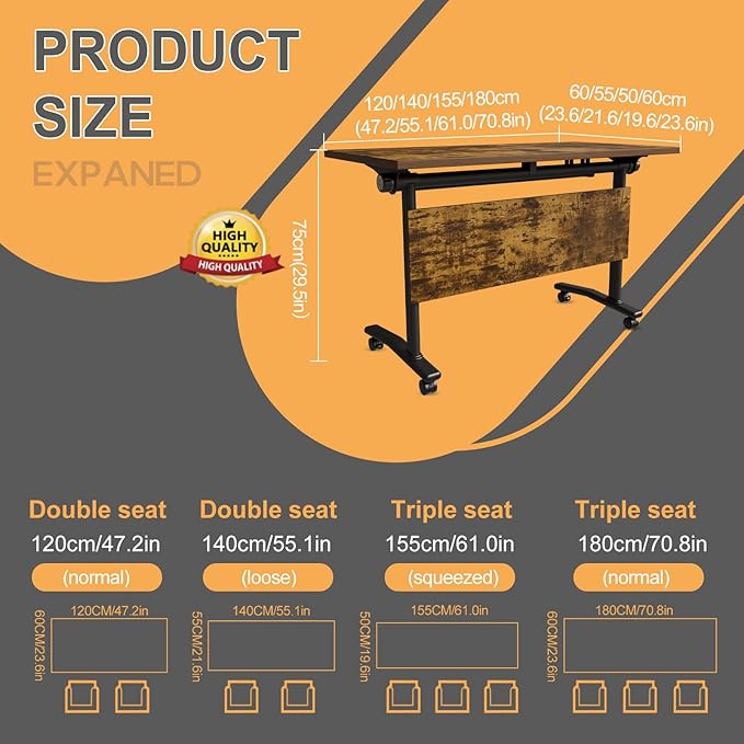 Folding Conference Table 4ft 5ft, Foldable Office Meeting Desk for 6 People, Multiple Sizes Colors Mobile Conference Room Table for Training Room School Business Furniture (4, Brown, 55in)