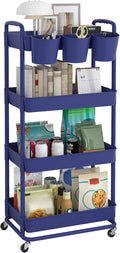 JIUYOTREE 4-Tier Plastic Rolling Storage Cart Utility Cart with Extra Hanging Cups Handles Lockable Wheels for Living Room Bathroom Kitchen Office Blue