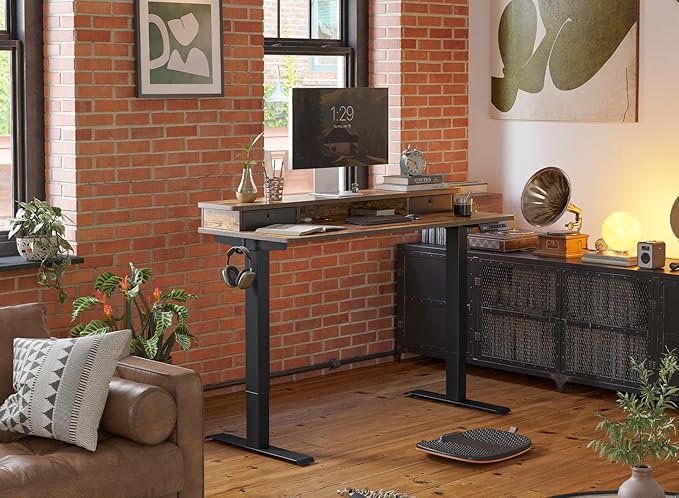 FEZIBO 55''x 24'' Height Adjustable Electric Standing Desk with Double Drawer, Home Office Computer Desk with 4 Height-Adjustable Feets & 2 Hooks, Rustic Brown