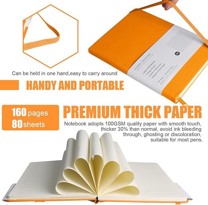 EMOMAS Lined Journal Notebook, 6Pack Hardcover Notebook for Men & Women – Journals for Writing, Work, School, Home & Daily Notes, 160 Pages – Medium A5, 5.7"x8", 100 gsm Thick Paper (Orange)