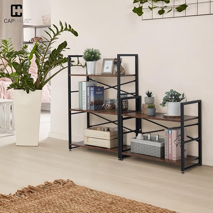 CAPHAUS 2 Tier Small Bookshelf, 24 Inch Width Free Standing Shelf, Bookcase Shelf Storage Organizer, Industrial Book Shelves for Home Office, Living Room, Rustic Oak Vintage Shelves & Metal Frame
