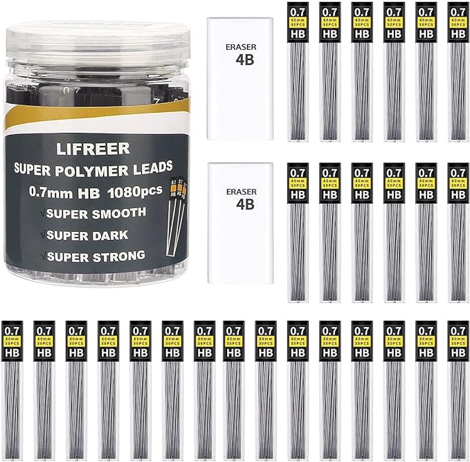 Lifreer 0.7 Lead Refills (1080 Pcs), Unbreakable 0.7 mm Lead Refills and 2 Premium Erasers, Long Lasting HB Pencil Lead 0.7 Refill,Mechanical Pencil Lead 0.7mm for Students & Professionals