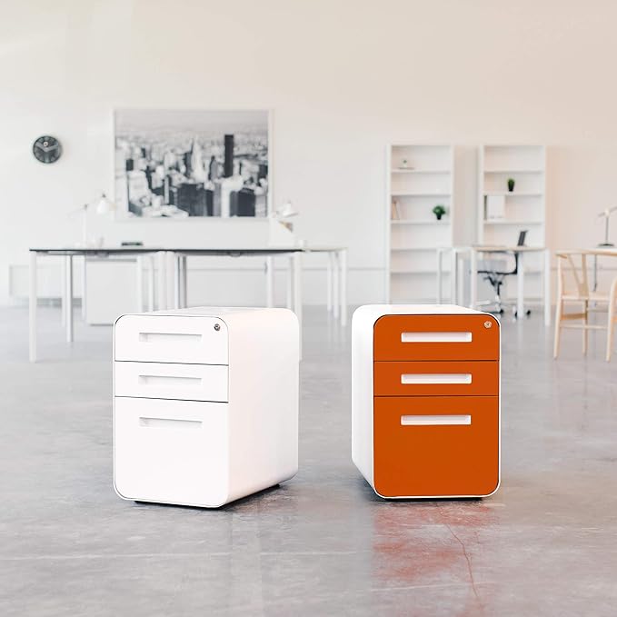 Laura Davidson Furniture Stockpile 3 Drawer File Cabinet with Lock - Under Office Desk Metal Filing Cabinet, Legal/Letter File Folders, Wheels and Stationary Feet, Pre-Assembled, White