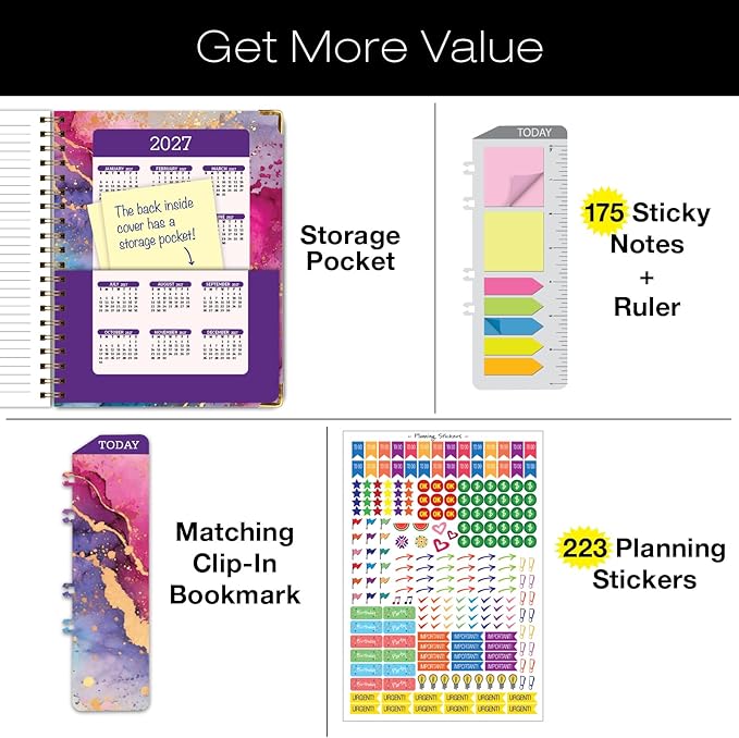 HARDCOVER 2026 Planner, 8.5"x11": 14 Months (November 2025 - December 2026), Daily Weekly Monthly Planner, Yearly Agenda, Bookmark, Pocket Folder and Sticky Note Set (Rainbow Gold Marble)