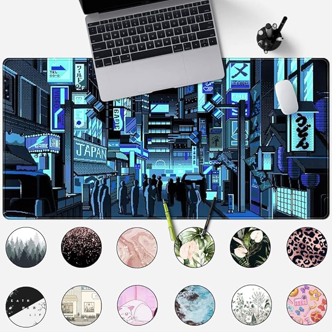 Japanese Gaming Arcade Blue Large Gaming Mouse Pad Keyboard Desk Pad Extended Mouse Pad Gaming Office Decor, Pc Laptop Mouse Pads Large (31.5x15.7 in) with Stitched Eges Non-Slip Base Mousepad XXL