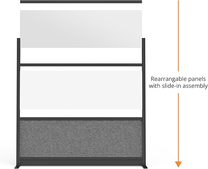 Stand Up Desk Store Workflow Wide Modular Wall | 53'' x 70'' Wall | Expandable Partition Room Divider with Rearrangeable Frosted Acrylic, Sound Absorbent and Whiteboard Panels (Black Frame)