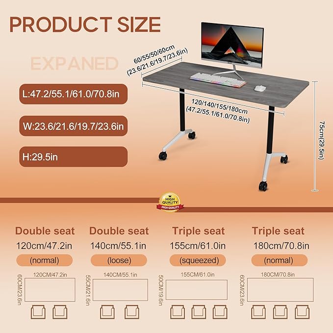 Folding Conference Table 4ft 5ft, Foldable Office Meeting Desk for 6 People, Multiple Sizes Colors Mobile Conference Room Table for Training Room School Business Furniture (2, Grey, 47in)