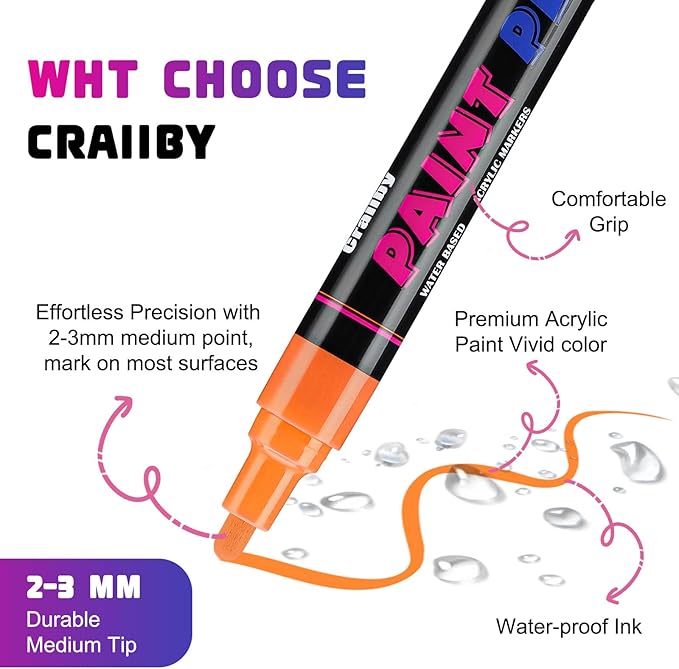 Craiiby Silver Paint Pens Paint Markers - 12 Pack Permanent Quick Dry Waterproof Marker Pens for Rocks Wood Fabric Plastic Canvas Glass Mugs Metal Tire Stone