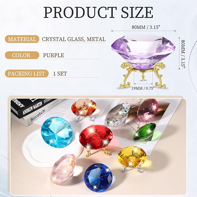 PATIKIL Diamond Crystal Paperweight, 80mm / 3.15" Crystal Paperweight Paper Weight with Gold 19 Metal Base for Home Office Desktop Table Decor Wedding Party Ornaments, Purple