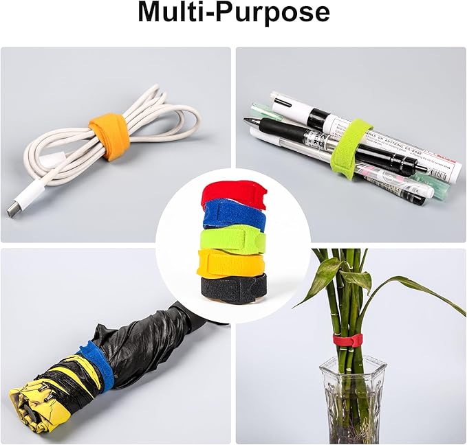 OneLeaf 120PCS Cord Organizer 6in Cable Ties Reusable with Hook and Loop, Colorful Fastening Cord Ties Wire Management for Home, Office, Data Centers, and Electronics, 5 colors