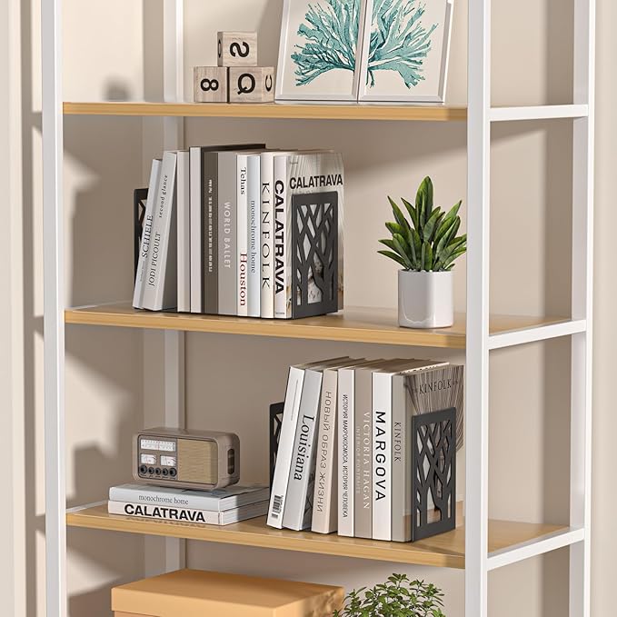 VFINE 4-Piece Modern Metal Bookends for Shelves, Black Tree Book Ends for Books, Decorative Book Organizer for Desk, Non-Skid Shelve Bookends for Home Office