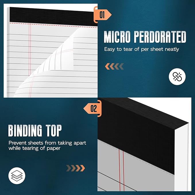 White Legal Note Pads 8.5''x 11'', 6 Pack Legal Paper Note Pads, Micro Perforated Wide Ruled Lined Writing Pads 30 Sheets/60 Pages for Home Office School Work Legal Notepads Double-Side Printed Per