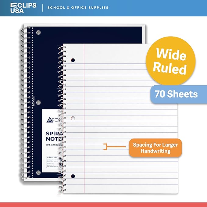 E-CLIPS USA Spiral Notebook, Wide Ruled Notebooks (48 Pack Bulk), 70 Sheets, Single Subject, Notebooks Bulk, 6 Color Assortment, 3 Hole Perforated Sheets (48, Wide Ruled)
