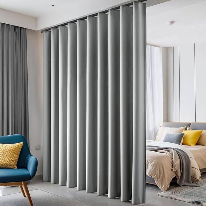 hoeflife Room Divider Curtains Blackout Floor to Ceiling Curtain with Hook Wall Mount Sliding Door Curtains Ceiling Mount Extra Wide Curtain Wall Divider for Room Separation(Light Grey,W150 x H108 in)