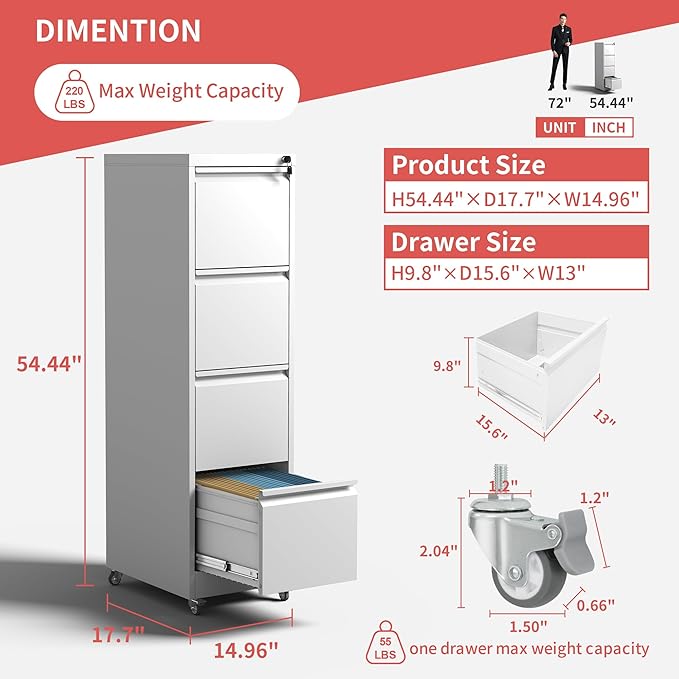 IKIMI 4 Drawer Locking File Cabinet with Wheels,White Metal Mobile Filing Cabinets,Vertical File Cabinet for Home Office,Heavy Duty Rolling Storage Cabinet for A4/Letter/Legal Size,Assembly Required
