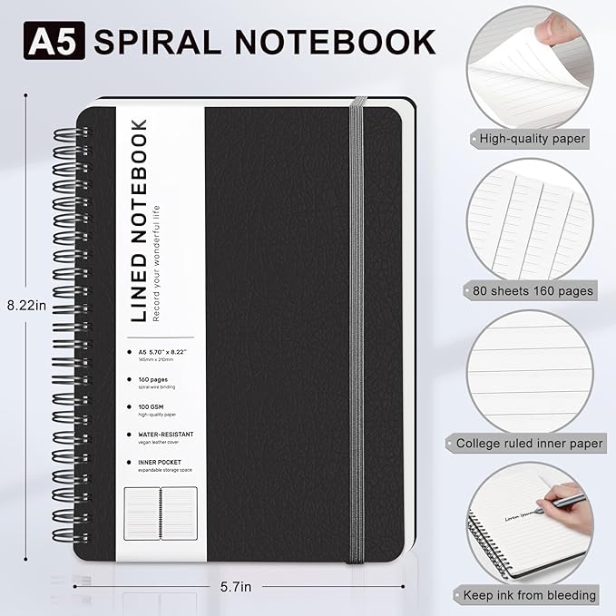 ABERLLS Black Lined Spiral Journal Notebook with 160 Pages, 8×5.7in, A5 Spiral Notebooks, Journaling Notebooks for Work, School, Women, Men, College Ruled Notebook, Hardcover Leather Journals