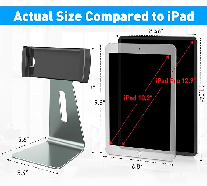 AboveTEK Elegant Tablet Stand, Aluminum Holder for 7-13 inch Tablets, Desktop Kiosk POS Stand Compatible w/iPad Pro Air Mini, Galaxy Tab, Tablet Mount for Store Office Reception Kitchen (Gray)