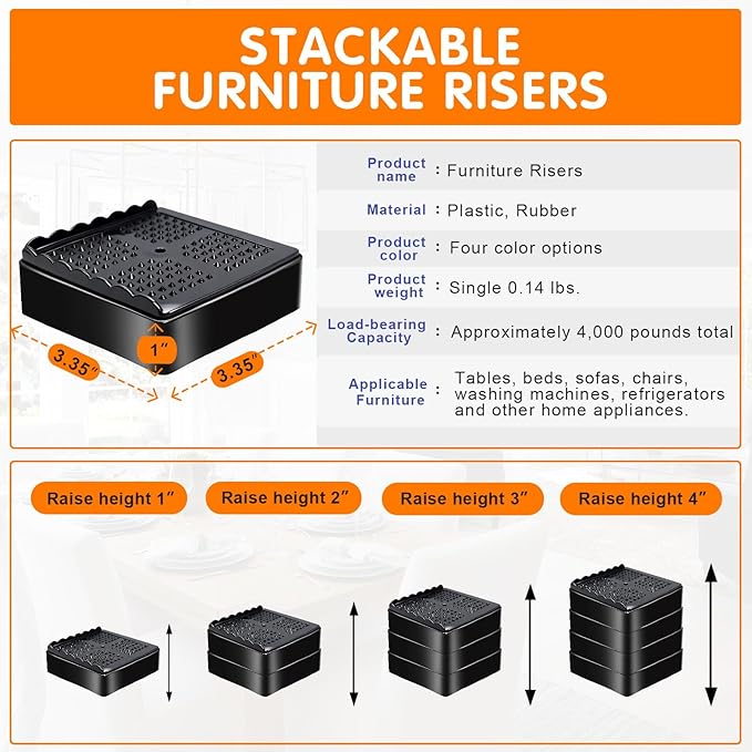 shouwuhho Furniture Risers, 6 Pack Bed Risers with Non-Slip Grip and Heavy Duty Support, 1 Inch 2 Inch 3 Inch 4 Inch Height Lift for Couch, Sofa, Table, Desk, Chair, Refrigerator - Black, 1 Inch