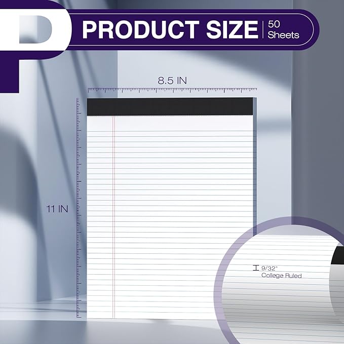3 Pack Legal Pads 8.5 x 11 College Ruled Colored Note Pads 8.5" x 11" Lined Paper Chipboard-Backed Notepad with Micro-Perforated Notebook Paper for Office & School Supplies 50 Sheets/Pad