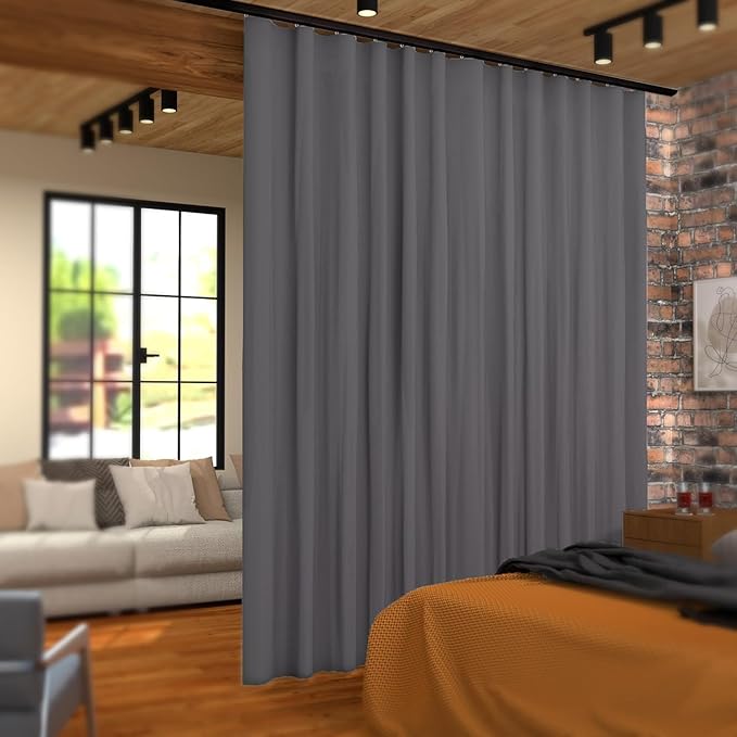 hoeflife Room Divider Curtains Blackout Floor to Ceiling Curtain with Hook Wall Mount Sliding Door Curtains Ceiling Mount Extra Wide Curtain Wall Divider for Room Separation (Grey, W180 x H96 Inch)