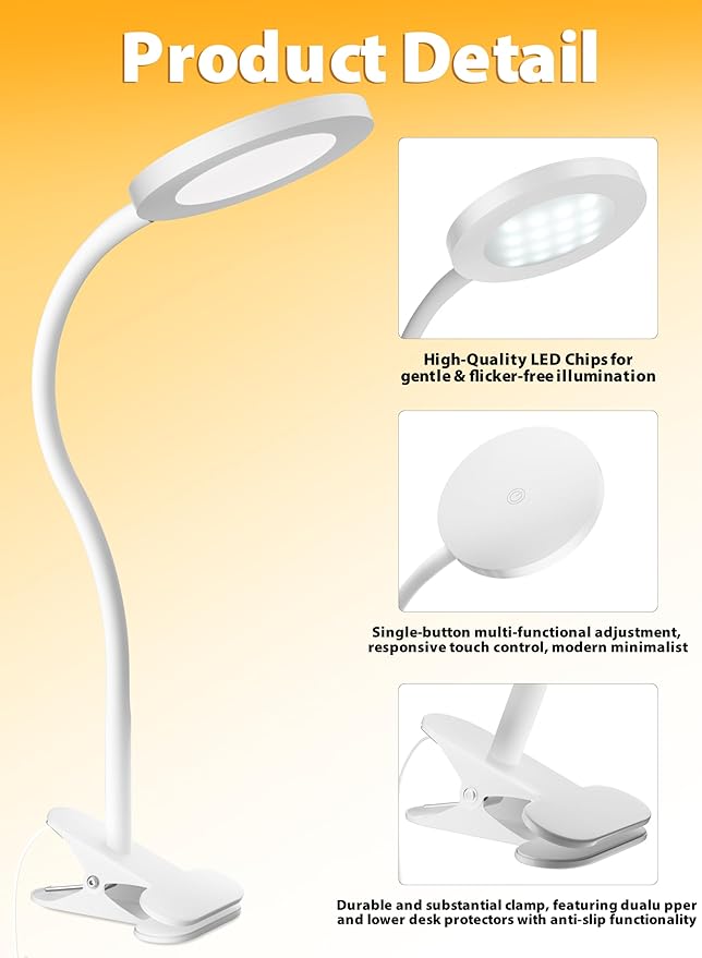 deeloop LED Clip on Light,100% Infinite Dimmable Reading Book Lights in Bed Headboard, 450LM Touch Control Desk Lamp with Clamp, Eye-Care 3 Color Temperature Flexible Rotation for Bedside Night Light