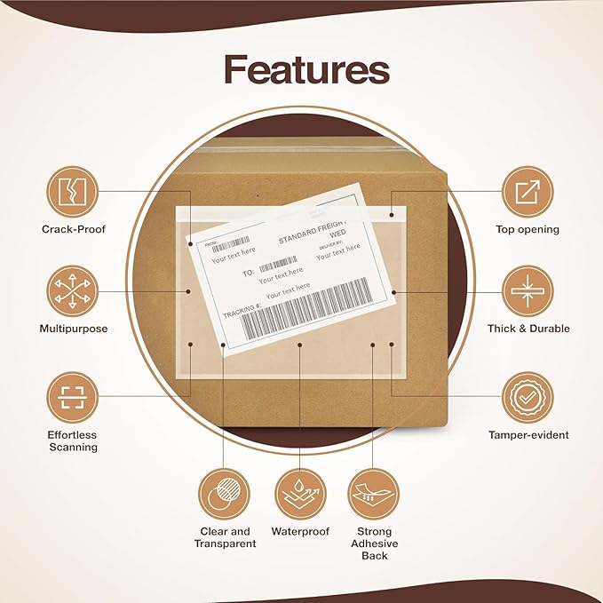 9.5x12 Shipping Label Sleeves 100 Pack Strong Adhesive Back for Secure Package Labelling, Protects Documents with Packing Slip Pouches Packing Sleeves for Mailing and Packaging -WaterProof and Durable