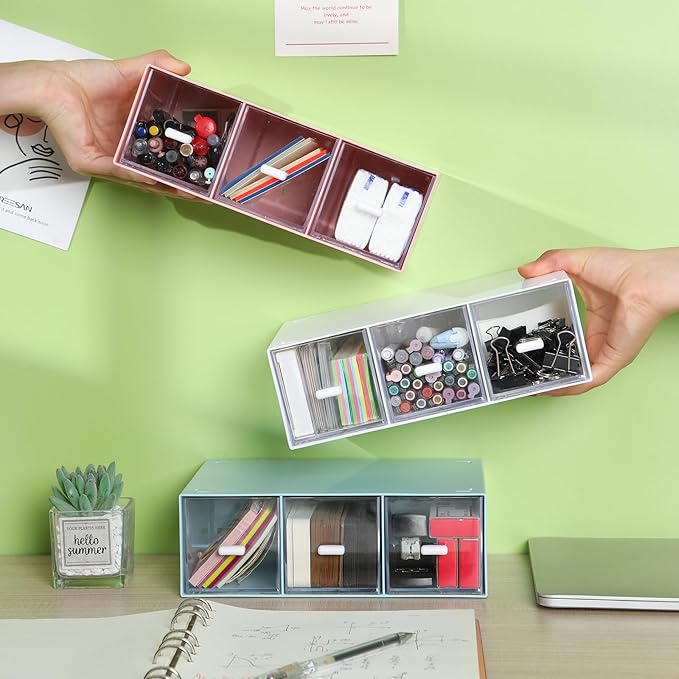 OSteed Desktop Drawers, Desk Organizer with 6 Drawers, Stackable Plastic Storage Box for Home Collection, Cosmetics, Jewelry, Office Supplies (2 Tall Layers, Pink)
