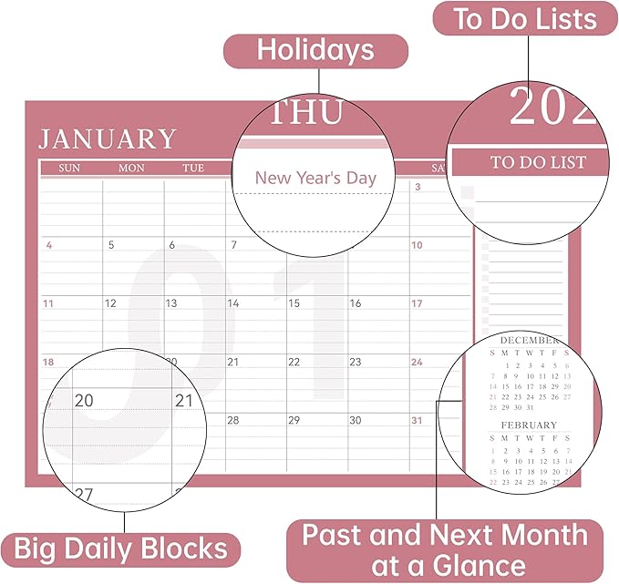 Yoment Desk Calendar Refill 2026-2027, Jan 2026-Dec 2027, Large 10"x16" Monthly Planner with to-do Lists 24 Months Calendar for Office School Home, Pink