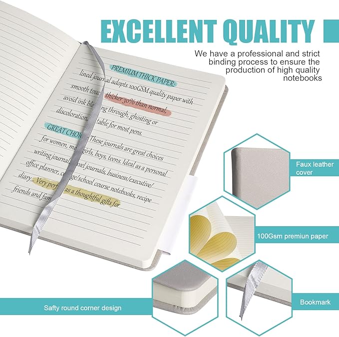 EMOMAS Lined Journal Notebook – Hardcover Notebook for Men & Women – Journals for Writing, Work, School, Home & Daily Notes, 160 Pages – Medium A5, 5.7"x8", 100 gsm Thick Paper (Grey)