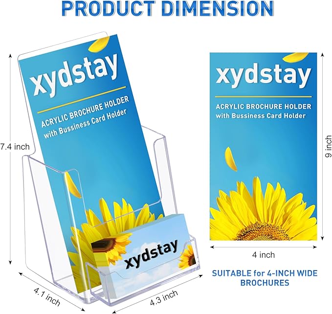 xydstay 4x9 Acrylic Brochure Holder with Business Card Holder, Clear Display Stand, Plastic Table stand Sign Holder, Pamphlet Holder Flyer Holder, Acrylic Display Stand for Office, Home, Store, 2 Pack