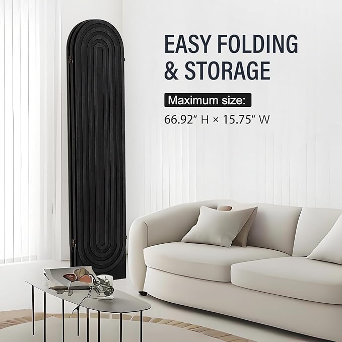 Asnefeli Room Divider and Folding Privacy Screen, 4 Panel Wood Arched Room Divider Wall, Portable Freestanding Partition Screen, Partition Divider for Room Separation for Home Office Bedroom, Black