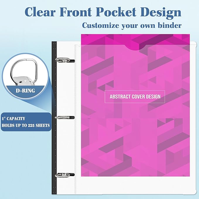 INFUN 1 Inch Telescoping 3 Ring Binder - 1PCS-White，Flexible Binders with Customizable Front Cover and Clear Catalog Pocket, 1Inch Rings, 225 Sheet Capacity